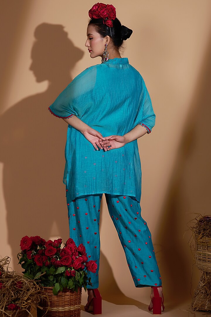 Turquoise Blue Chanderi Silk Sequins Hand Embroidered Kaftan Set by GAACH at Pernia's Pop Up Shop