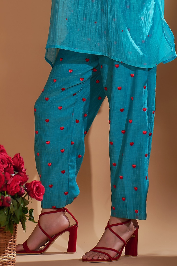 Turquoise Blue Chanderi Silk Sequins Hand Embroidered Kaftan Set by GAACH at Pernia's Pop Up Shop