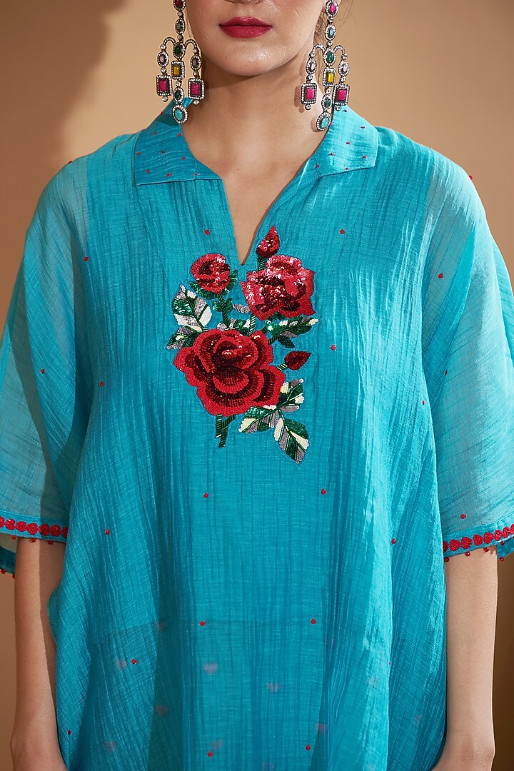 Turquoise Blue Chanderi Silk Sequins Hand Embroidered Kaftan Set by GAACH at Pernia's Pop Up Shop