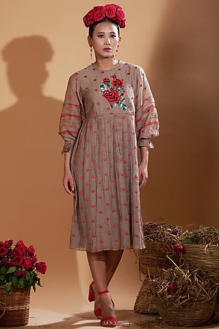Beige Chanderi Silk Embroidered Flared Dress by GAACH