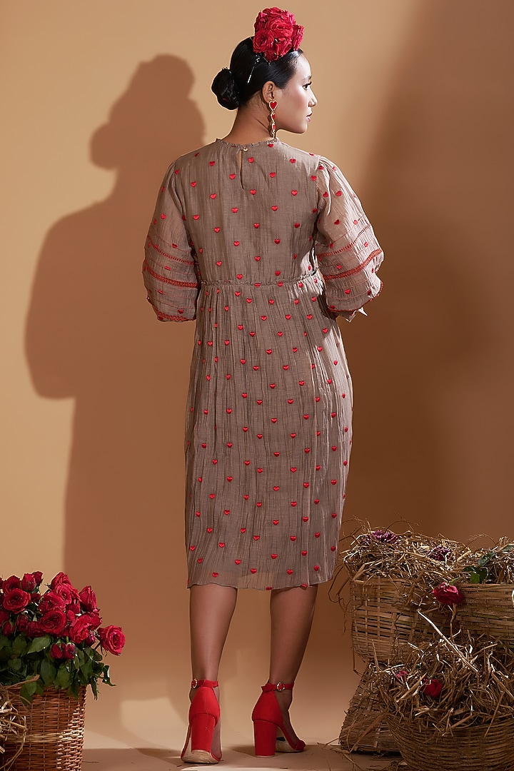 Beige Chanderi Silk Embroidered Flared Summer Dress by GAACH at Pernia's Pop Up Shop