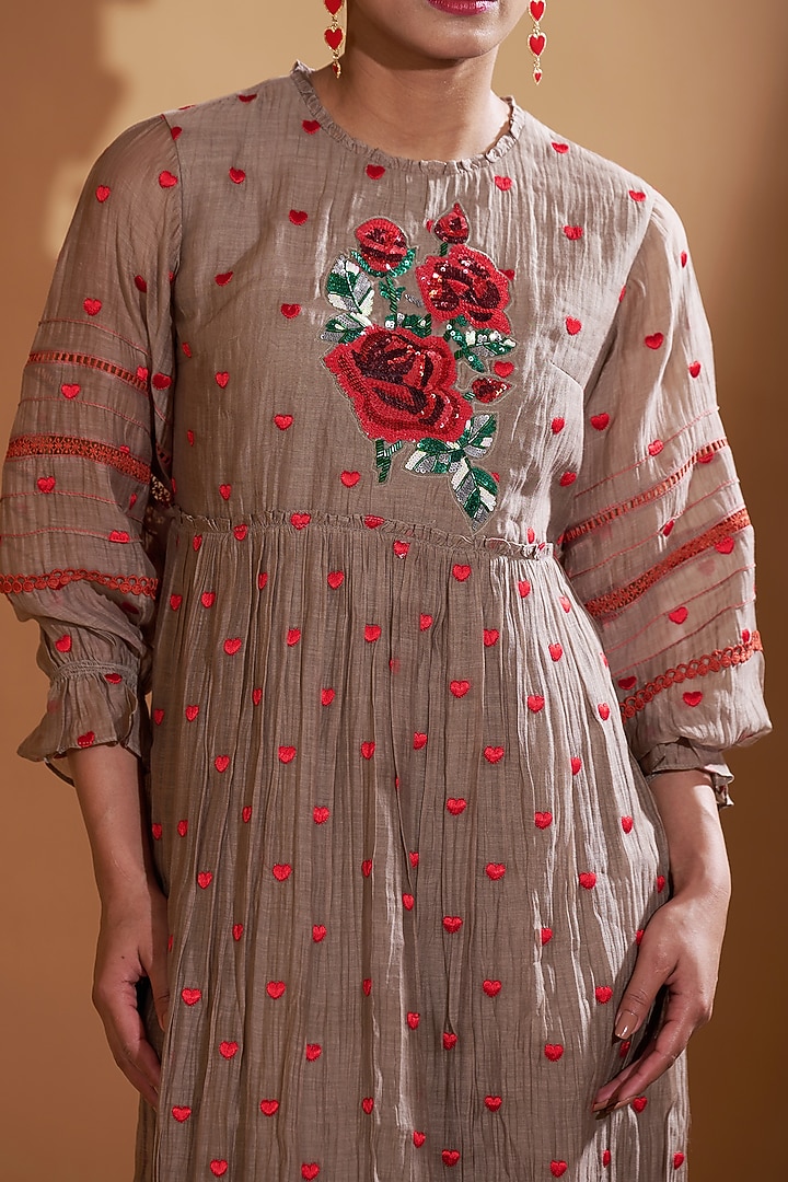 Beige Chanderi Silk Embroidered Flared Summer Dress by GAACH at Pernia's Pop Up Shop