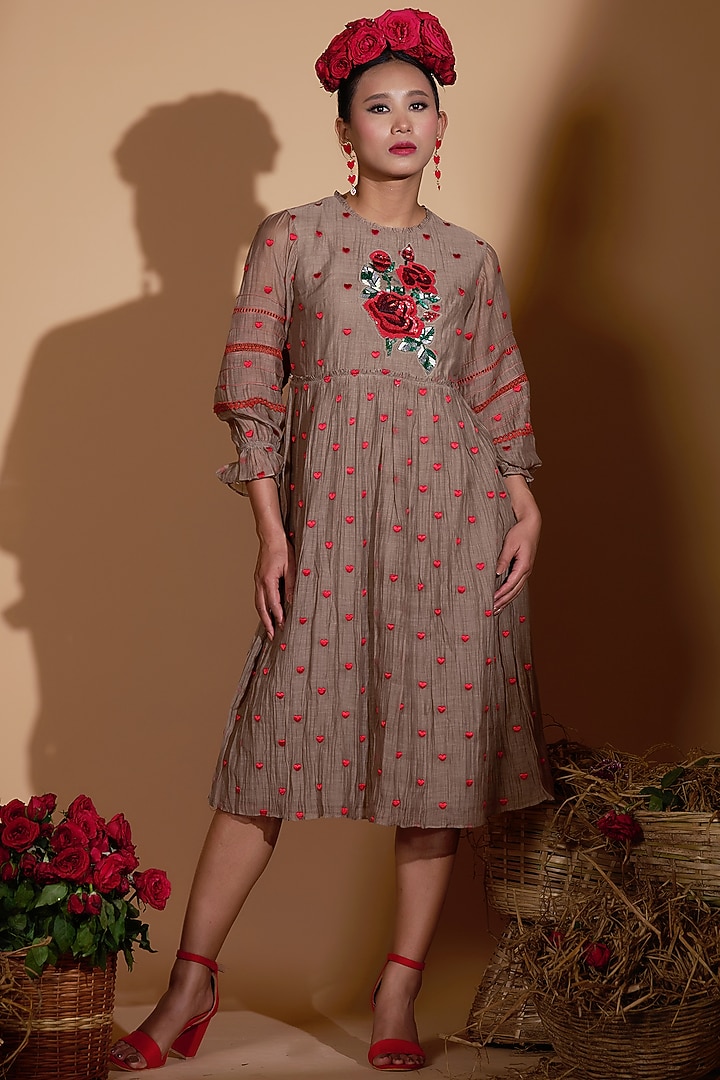 Beige Chanderi Silk Embroidered Flared Summer Dress by GAACH at Pernia's Pop Up Shop