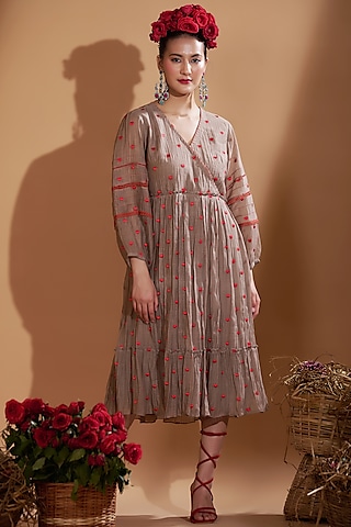Beige Chanderi Silk Embroidered Flared Dress by GAACH