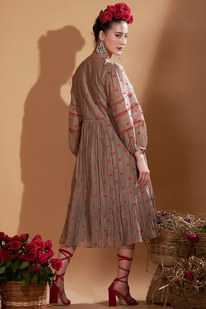 Beige Chanderi Silk Embroidered Flared Summer Dress by GAACH at Pernia's Pop Up Shop