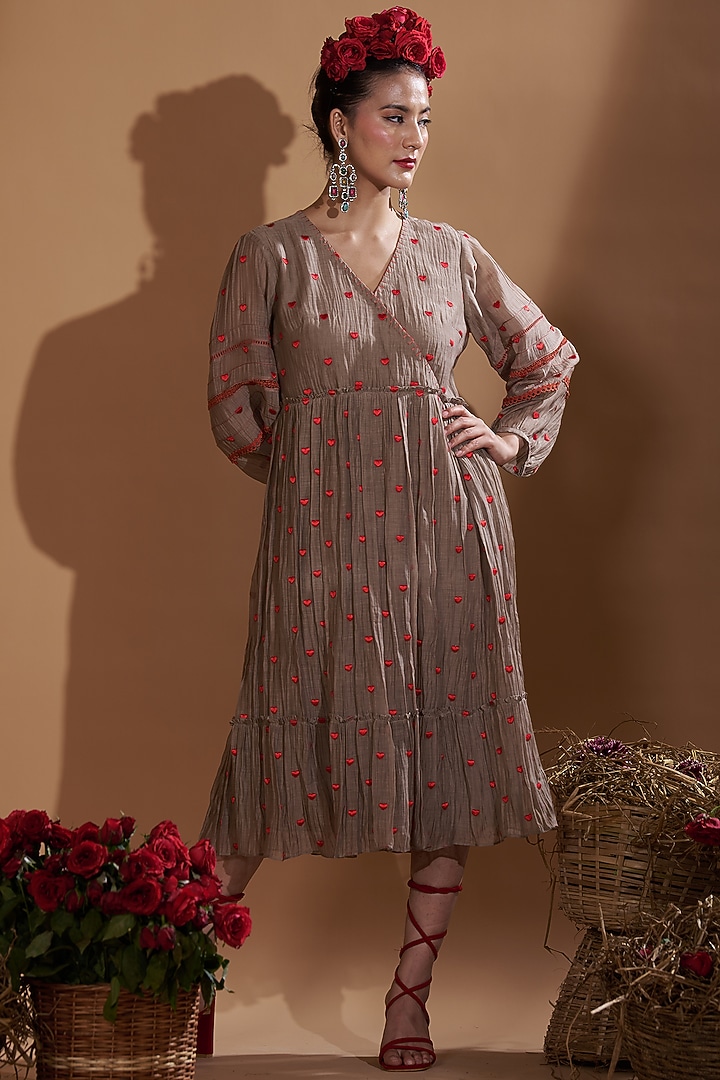 Beige Chanderi Silk Embroidered Flared Summer Dress by GAACH at Pernia's Pop Up Shop