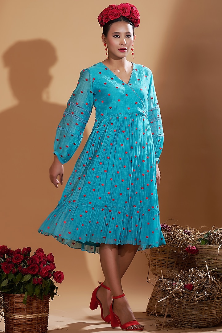 Turquoise Blue Chanderi Silk Embroidered Flared Dress by GAACH at Pernia's Pop Up Shop