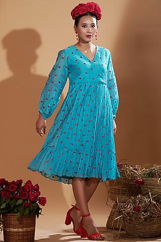 Turquoise Blue Chanderi Silk Embroidered Flared Dress by GAACH