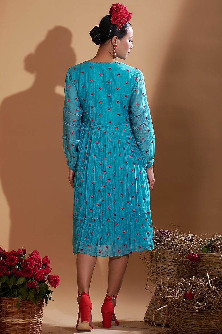Turquoise Blue Chanderi Silk Embroidered Flared Summer Dress by GAACH at Pernia's Pop Up Shop