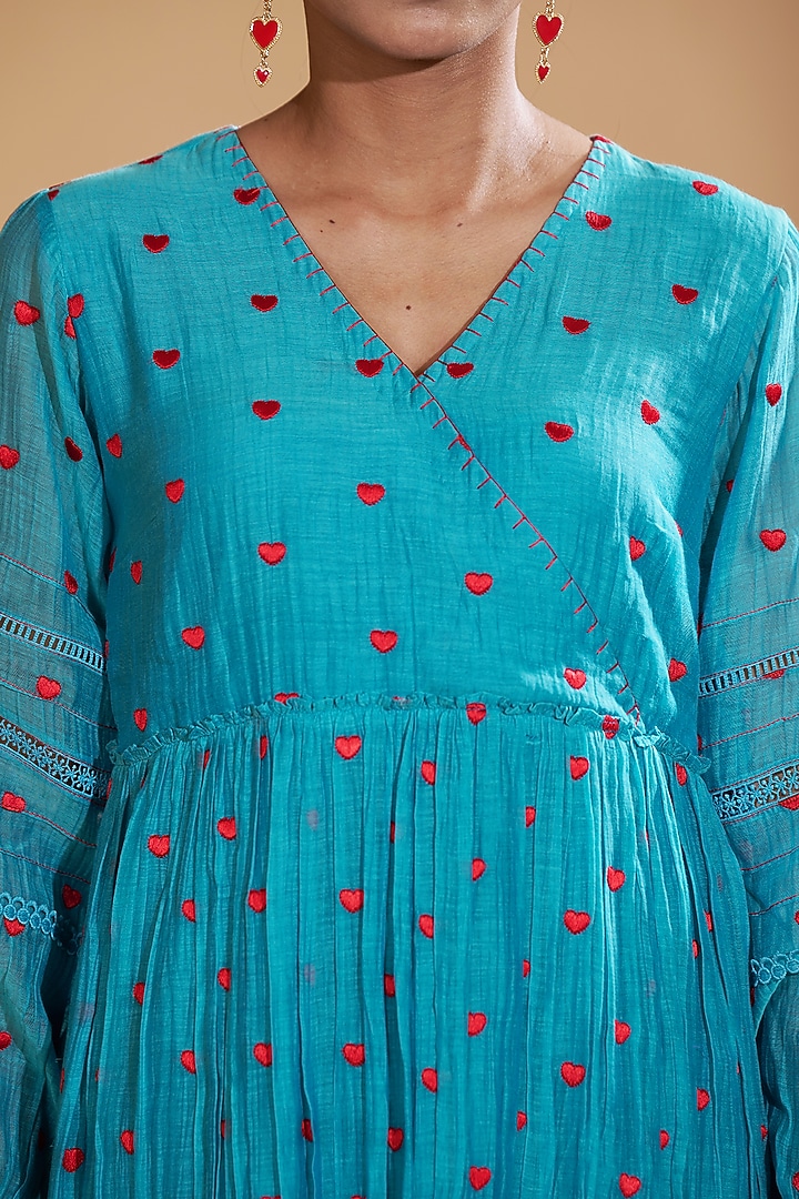 Turquoise Blue Chanderi Silk Embroidered Flared Summer Dress by GAACH at Pernia's Pop Up Shop