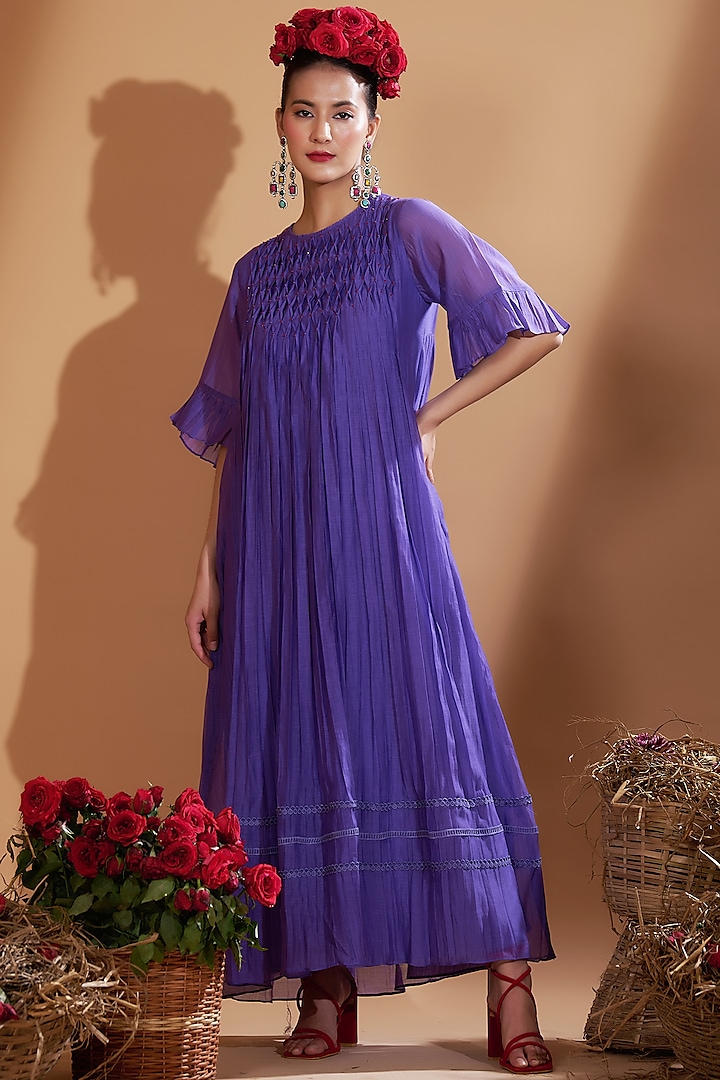 Lilac Blue Chanderi Silk Beads Embellished Flared Dress by GAACH at Pernia's Pop Up Shop