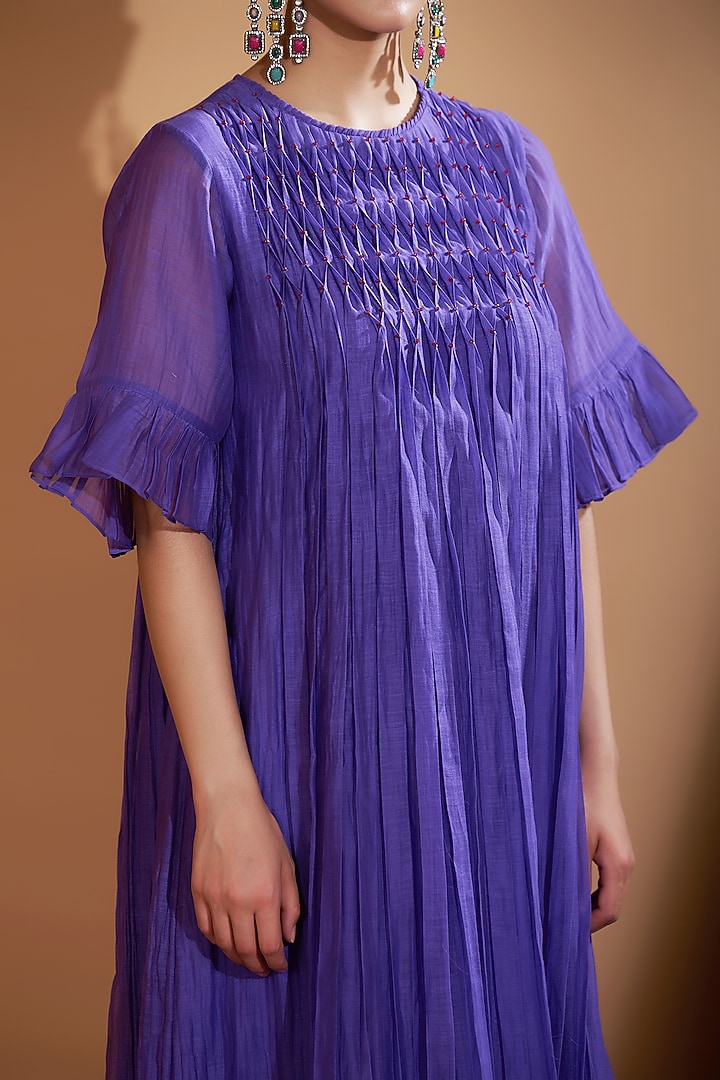 Lilac Blue Chanderi Silk Beads Embellished Flared Summer Dress by GAACH at Pernia's Pop Up Shop