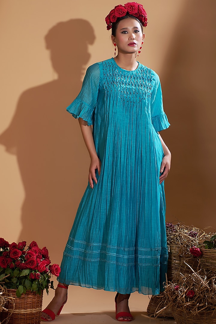 Turquoise Blue Chanderi Silk Beads Embellished Flared Dress by GAACH at Pernia's Pop Up Shop