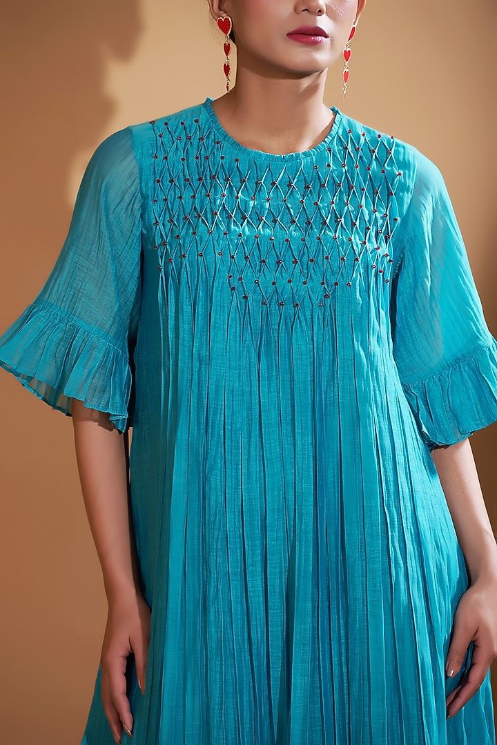 Turquoise Blue Chanderi Silk Beads Embellished Flared Summer Dress by GAACH at Pernia's Pop Up Shop