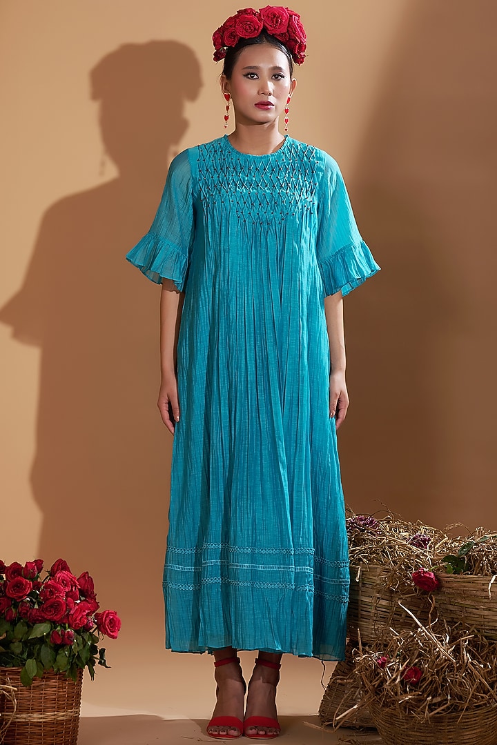 Turquoise Blue Chanderi Silk Beads Embellished Flared Summer Dress by GAACH at Pernia's Pop Up Shop