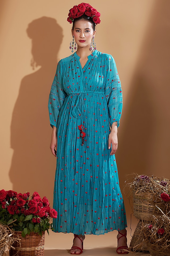 Turquoise Blue Chanderi Silk Embroidered Dress by GAACH at Pernia's Pop Up Shop