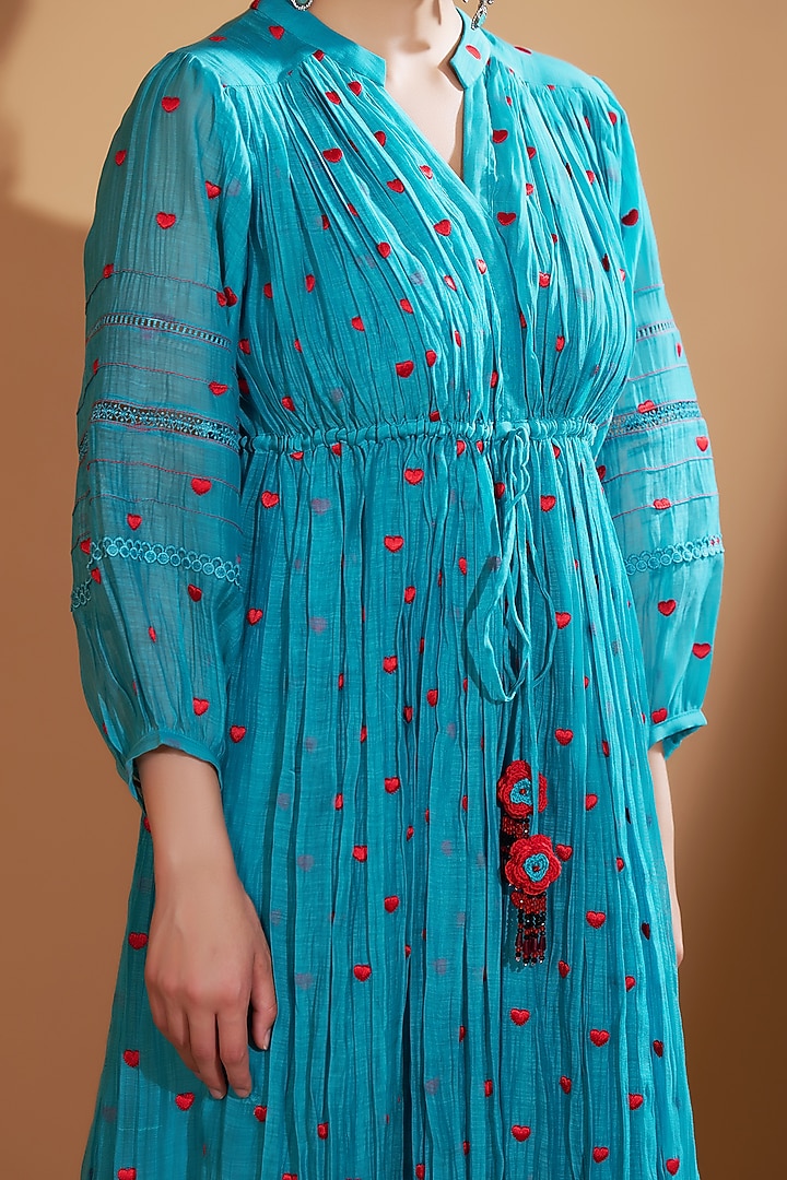 Turquoise Blue Chanderi Silk Embroidered Vacation Dress by GAACH at Pernia's Pop Up Shop