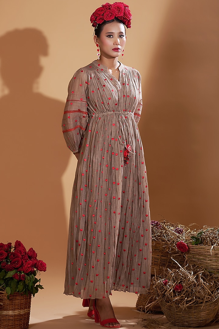 Beige Chanderi Silk Embroidered Vacation Dress by GAACH at Pernia's Pop Up Shop