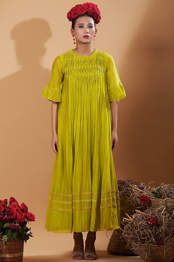 Green Chanderi Silk Embroidered Flared Dress by GAACH at Pernia's Pop Up Shop