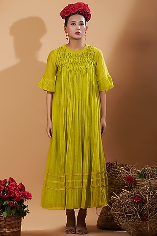 Green Chanderi Silk Embroidered Flared Dress by GAACH