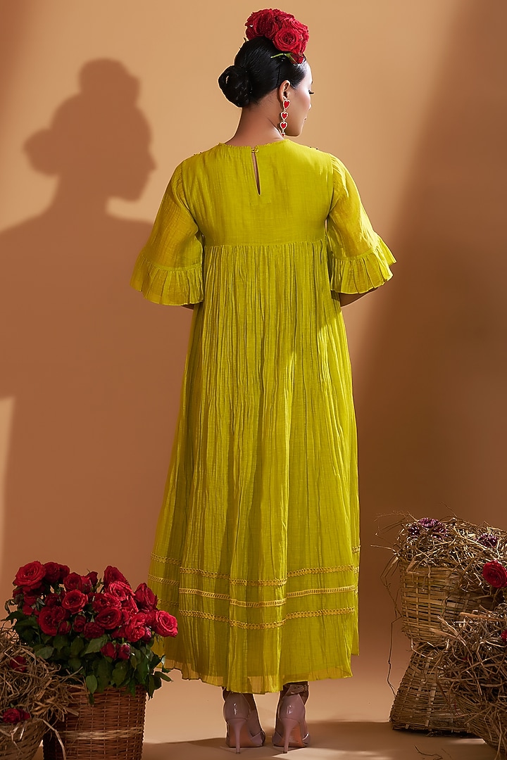 Green Chanderi Silk Embroidered Flared Summer Dress by GAACH at Pernia's Pop Up Shop