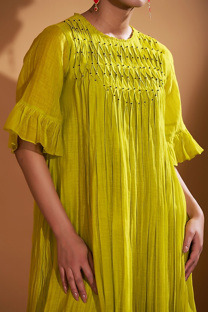Green Chanderi Silk Embroidered Flared Summer Dress by GAACH at Pernia's Pop Up Shop