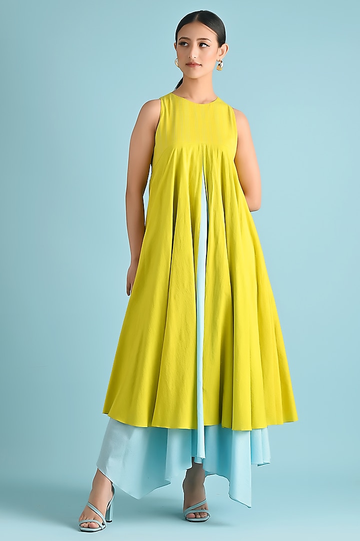 Yellow & Ice-Blue Cotton Asymmetrical Layered Maxi Dress by GAACH