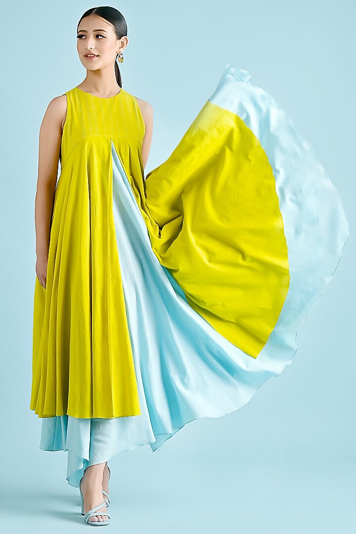 Yellow & Ice-Blue Cotton Asymmetrical Layered Maxi Summer Dress by GAACH at Pernia's Pop Up Shop