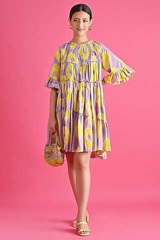 Lilac Cotton Bandhani High-Low Tiered Dress by GAACH
