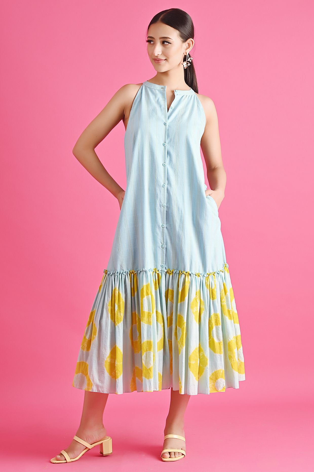 Ice-Blue Cotton Tiered Midi Summer Dress by GAACH at Pernia's Pop Up Shop