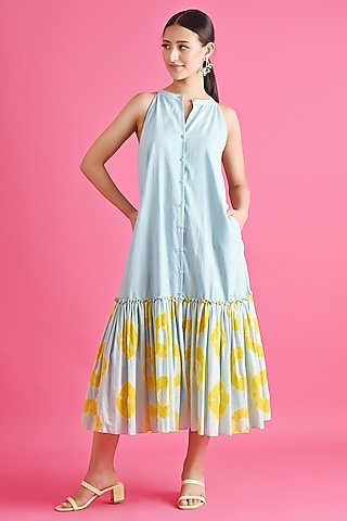 Ice-Blue Cotton Tiered Midi Dress by GAACH