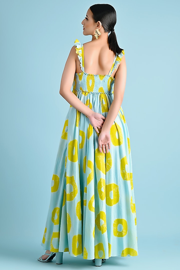 Ice-Blue Handwoven Cotton Asymmetrical Bandhani Maxi Summer Dress by GAACH at Pernia's Pop Up Shop