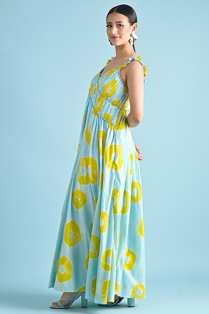 Ice-Blue Handwoven Cotton Asymmetrical Bandhani Maxi Summer Dress by GAACH at Pernia's Pop Up Shop