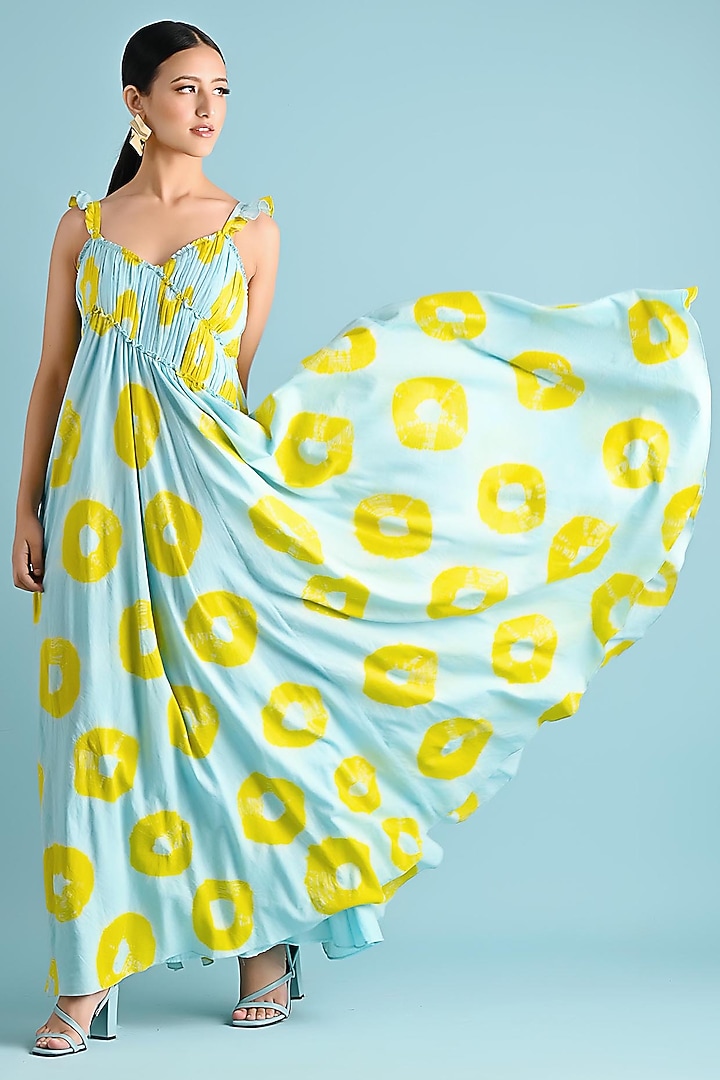 Ice-Blue Handwoven Cotton Asymmetrical Bandhani Maxi Summer Dress by GAACH at Pernia's Pop Up Shop