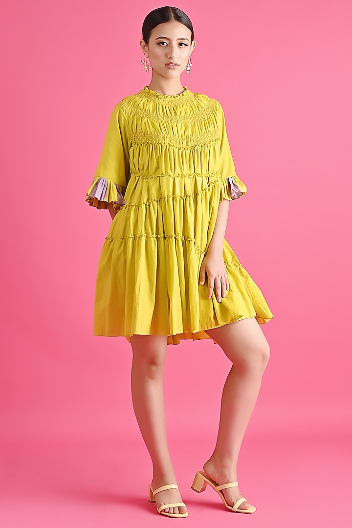 Yellow Handloom Cotton High-Low Tiered Mini Dress by GAACH at Pernia's Pop Up Shop