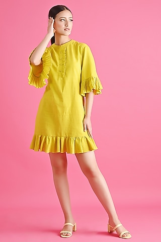 Yellow Khadi Cotton Ruffled Mini Dress by GAACH