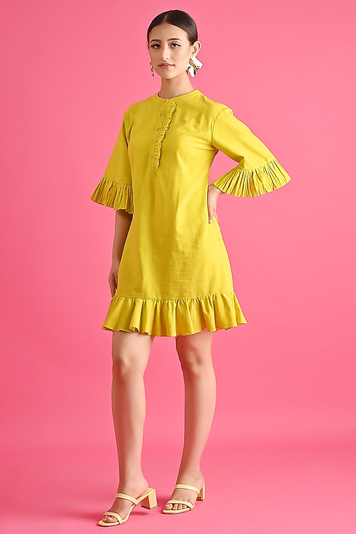 Yellow Khadi Cotton Ruffled Mini Summer Dress by GAACH at Pernia's Pop Up Shop