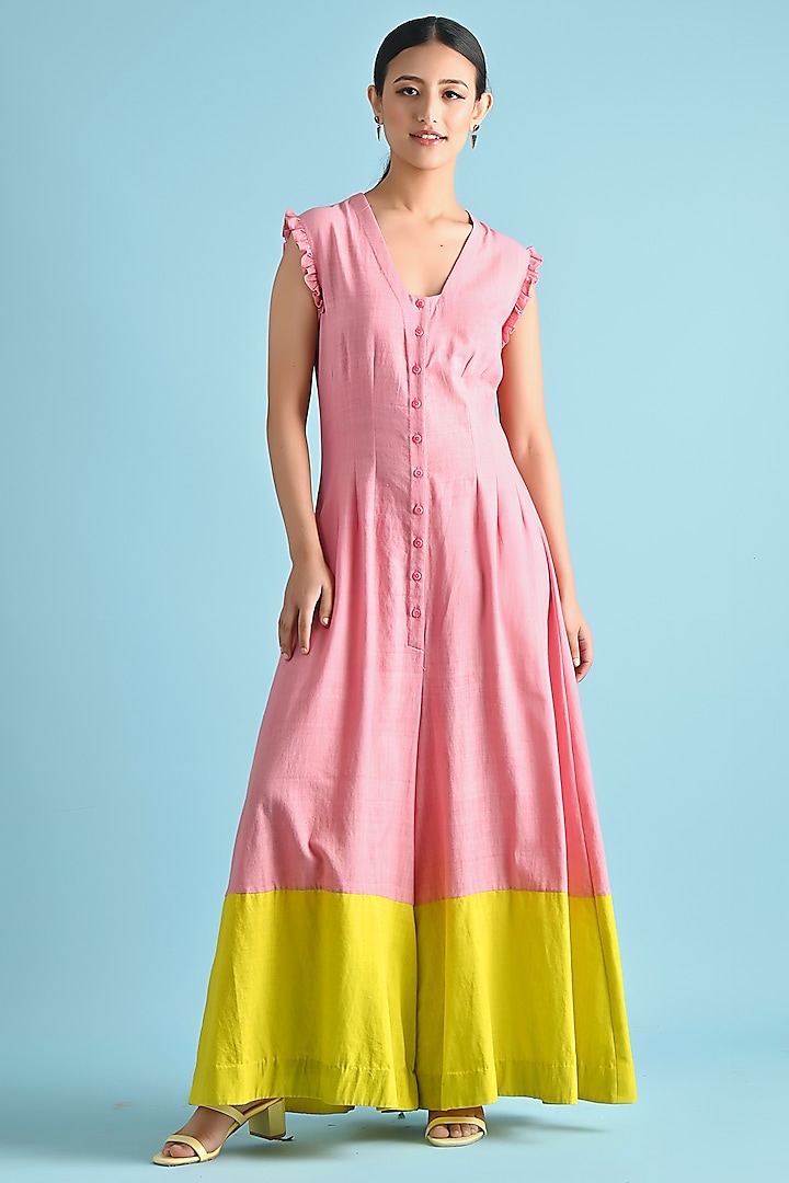 Pink & Yellow Khadi Cotton Color-Blocked Jumpsuit by GAACH at Pernia's Pop Up Shop