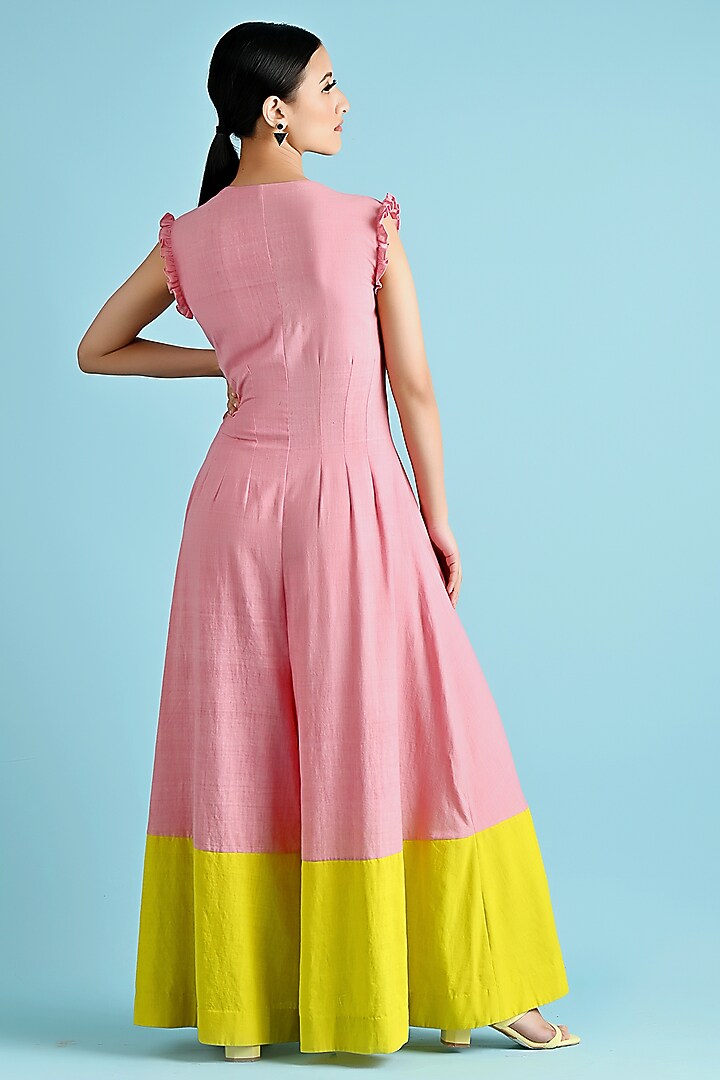 Pink & Yellow Khadi Cotton Color-Blocked Jumpsuit by GAACH at Pernia's Pop Up Shop