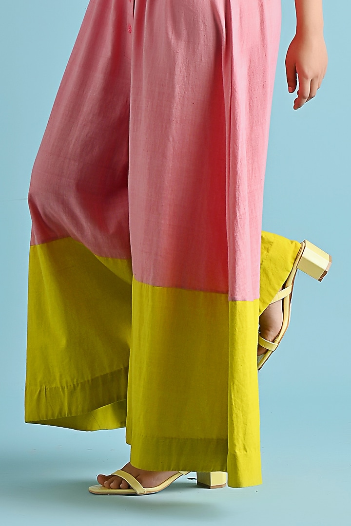 Pink & Yellow Khadi Cotton Color-Blocked Jumpsuit by GAACH at Pernia's Pop Up Shop