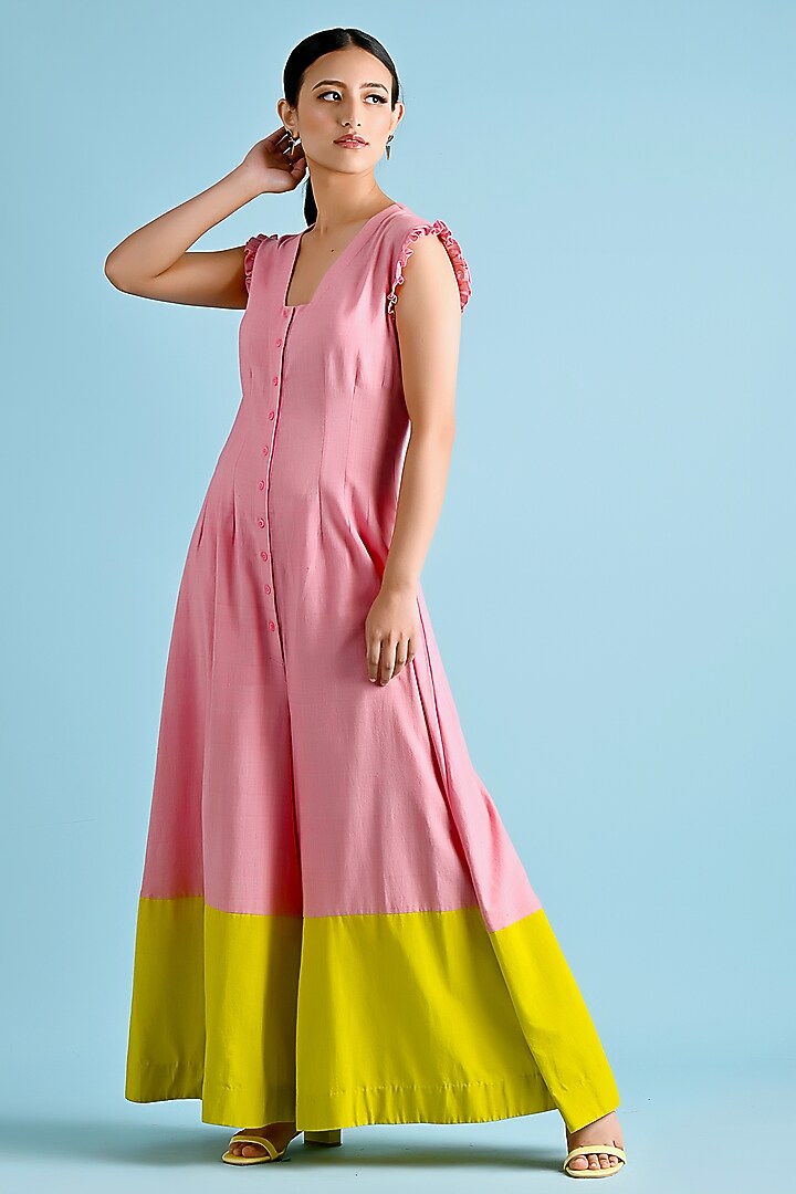 Pink & Yellow Khadi Cotton Color-Blocked Jumpsuit by GAACH at Pernia's Pop Up Shop