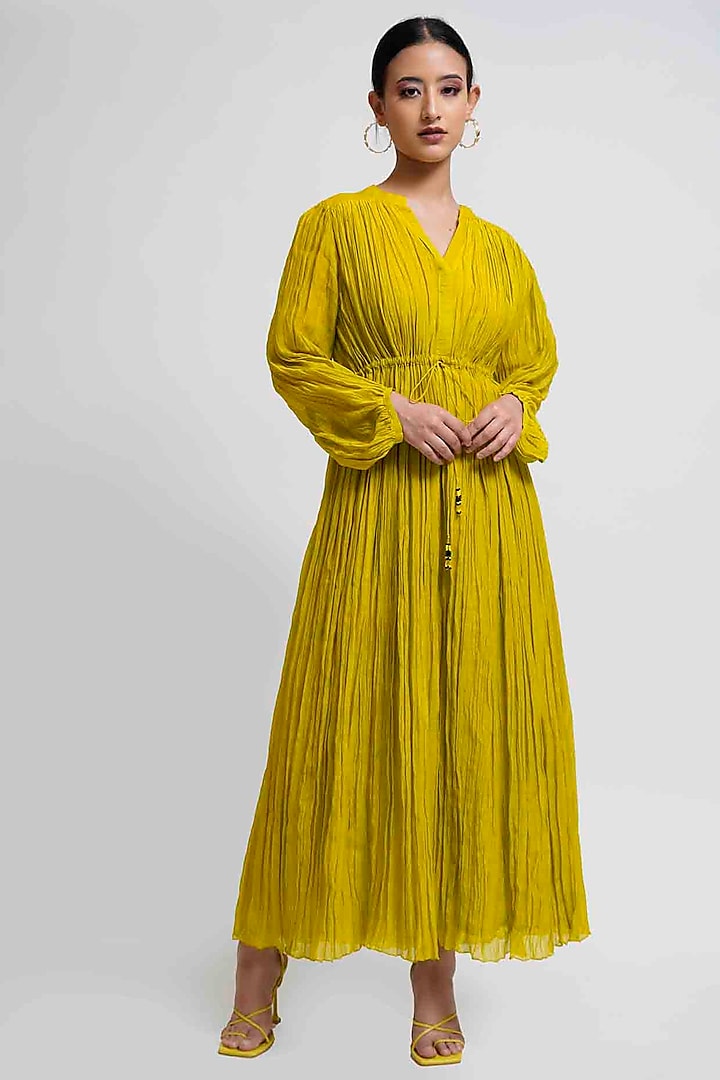 Green Chanderi Silk Gathered Maxi Dress With Slip by GAACH at Pernia's Pop Up Shop