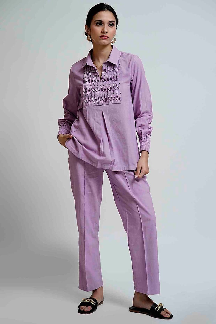 Lilac Handwoven Khadi Cotton Crystal Beads Embroidered Co-Ord Set by GAACH