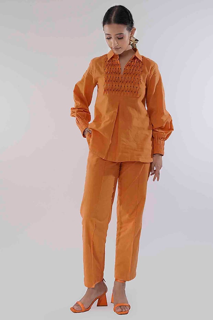 Orange Handwoven Khadi Cotton Crystal Beads Embroidered Co-Ord Set by GAACH