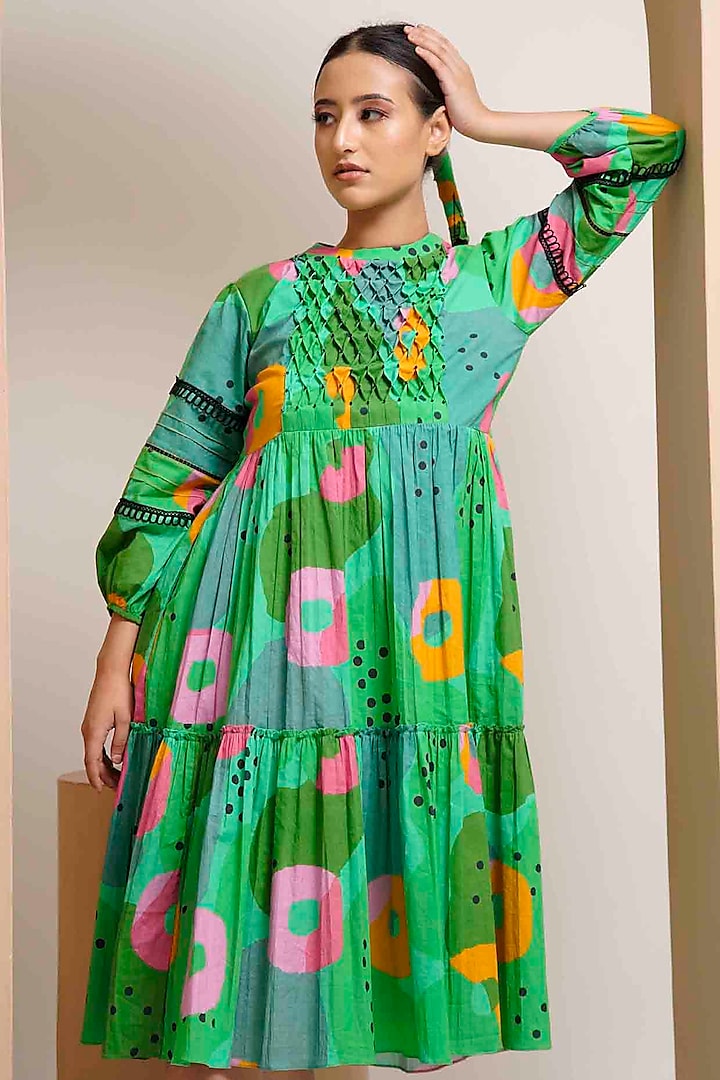 Green Cotton Crystal Beads Embellished & Printed Tiered Midi Dress by GAACH