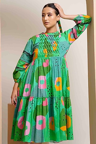 Green Cotton Crystal Beads Embellished & Printed Tiered Midi Dress by GAACH
