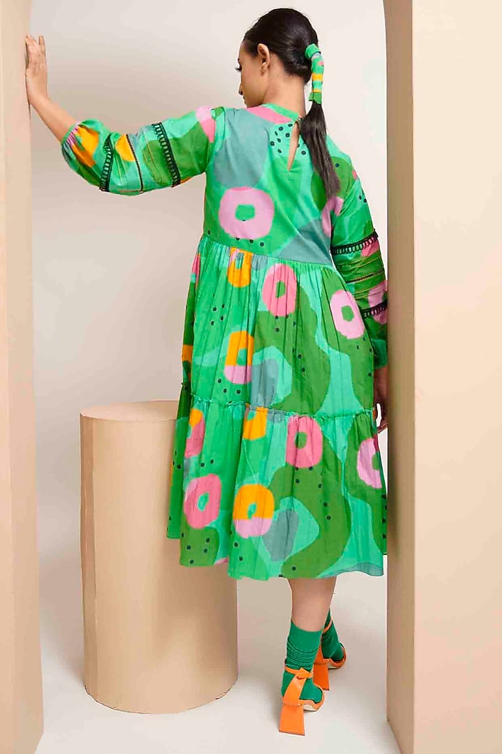 Green Cotton Crystal Beads Embellished & Printed Tiered Midi Summer Dress by GAACH at Pernia's Pop Up Shop