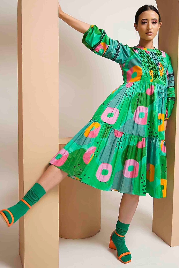 Green Cotton Crystal Beads Embellished & Printed Tiered Midi Summer Dress by GAACH at Pernia's Pop Up Shop