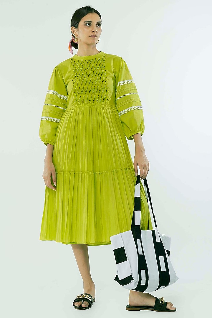 Green Cotton Crystal Beads Embellished Tiered Midi Dress by GAACH