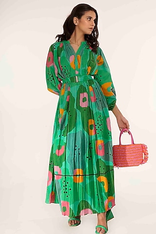 Green Cotton Printed Gathered Maxi Dress by GAACH